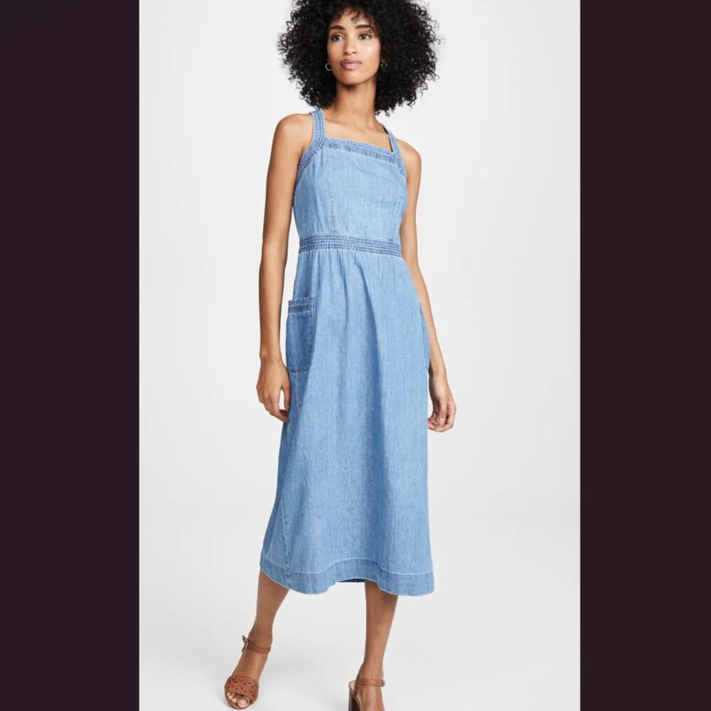 Madewell Denim Apron Midi Dress Button Pockets Size 0